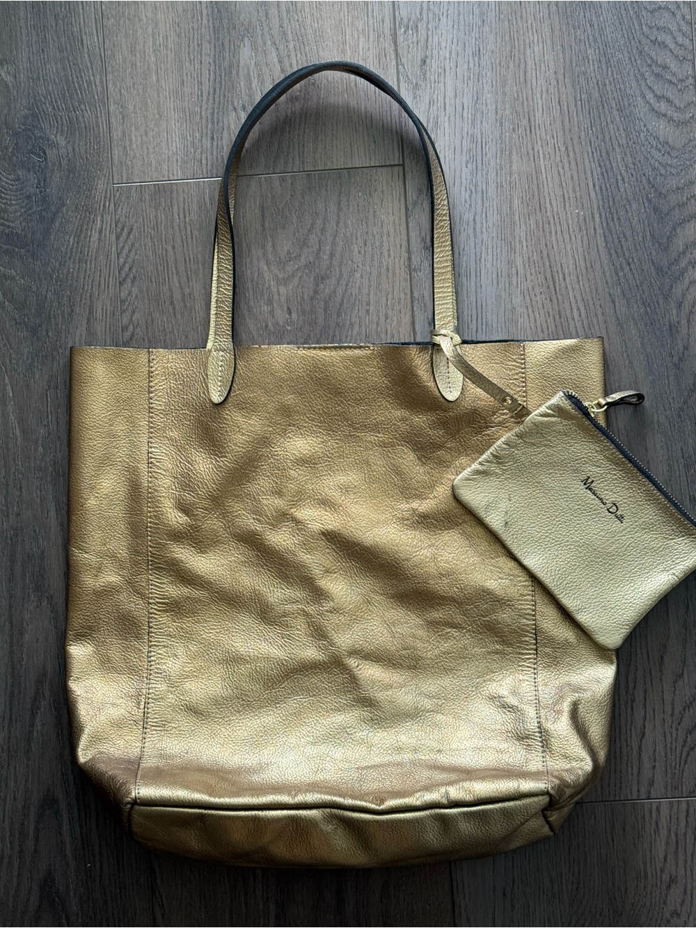 Vintage Massimo Dutti Metallic Gold Leather Tote Bag with Pouch